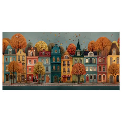 OBRAZ HISTORICKÉ FASÁDY S PODZIMNÍMI STROMY - BAREVNÉ DOMY - OBRAZY