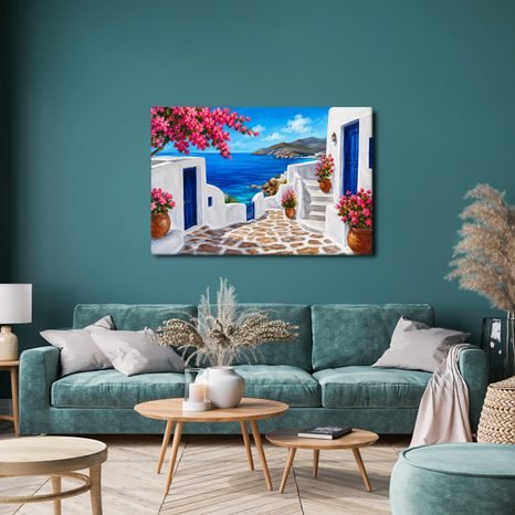 TABLEAU SUR TOILE – RUELLE EN BORD DE MER AUX FLEURS ROSES - TABLEAUX DE LA MER ET DE LA PLAGE - TABLEAUX