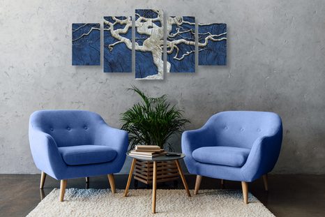 QUADRI 5 PEZZI – ALBERO ASTRATTO SU LEGNO CON CONTRASTO BLU - QUADRI ALBERI DELLA VITA - STAMPE E QUADRI