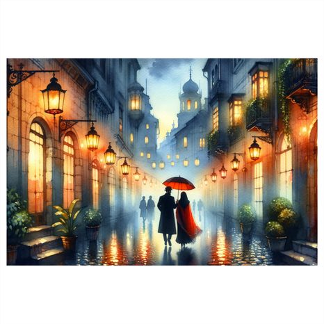 WANDBILD ROMANTISCHER SPAZIERGANG DURCH VERREGNETE STADT - BILDER VON MENSCHEN - BILDER