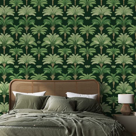 TAPETA ZELENÉ PALMY NA TMAVÉM POZADÍ - VZOROVANÉ TAPETY - TAPETY