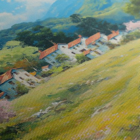 WANDBILD FRÜHLINGSLANDSCHAFT MIT DORF - BUNTE HÄUSER - BILDER