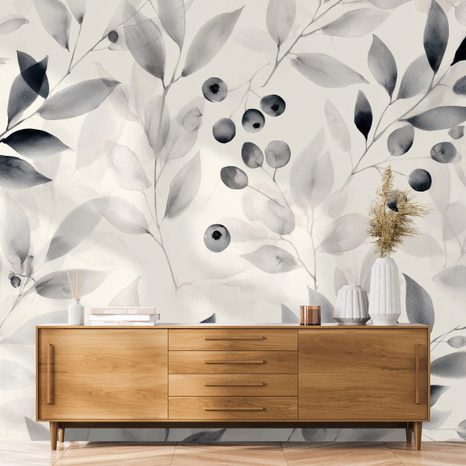 TAPÉTA FEKETE-FEHÉR AKVARELL LEVELEK ÉS BOGYÓK - LEVELES TAPÉTÁK - TAPÉTÁK