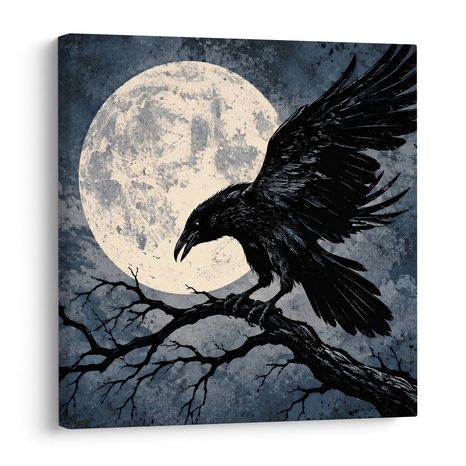 QUADRO SU TELA – CORVO NERO SOTTO LA LUNA PIENA - QUADRI HALLOWEEN E HORROR - STAMPE E QUADRI