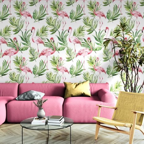 TAPET FLAMINGO DE ACUARELĂ CU FRUNZE - TAPETE PĂSĂRI - TAPETURI