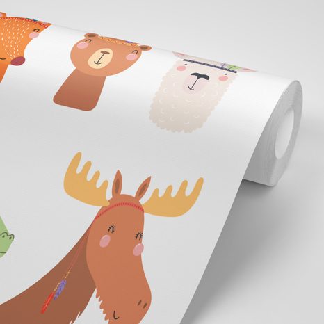 CARTA DA PARATI – PIENA DI ANIMALI CON PIUME INDIANE - CARTA DA PARATI BAMBINI - CARTA DA PARATI