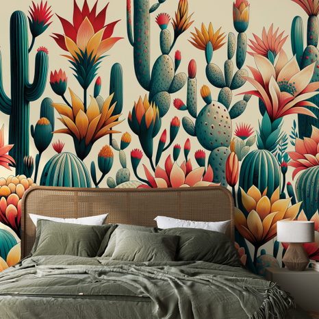 SAMOLEPÍCÍ TAPETA BAREVNÉ KAKTUSY V POUŠTI - TAPETY KVĚTINY - TAPETY
