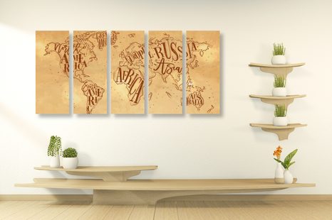 5-DÍLNÝ OBRAZ MODERNÍ MAPA SVĚTA NA VINTAGE PODKLADĚ - OBRAZY MAPY - OBRAZY