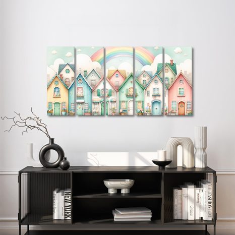 5-DÍLNÝ OBRAZ BAREVNÁ ULIČKA POD DUHOVÝM NEBEM - OBRAZY MĚSTA - OBRAZY