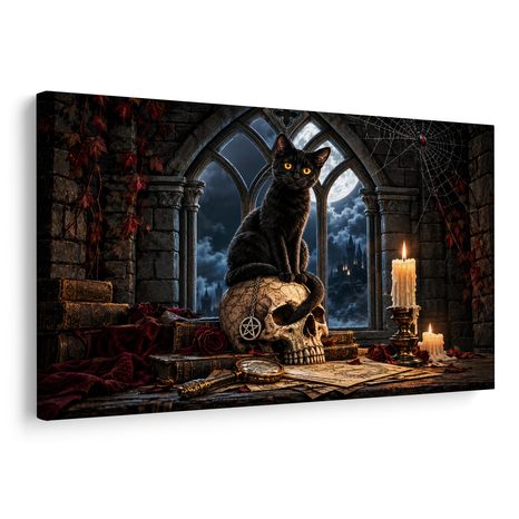 WANDBILD SCHWARZE KATZE AUF EINEM SCHÄDEL - HALLOWEEN- UND HORROR-BILDER - BILDER