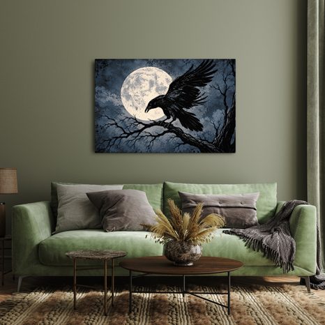 QUADRO SU TELA – CORVO AL CHIARO DI LUNA - QUADRI HALLOWEEN E HORROR - STAMPE E QUADRI