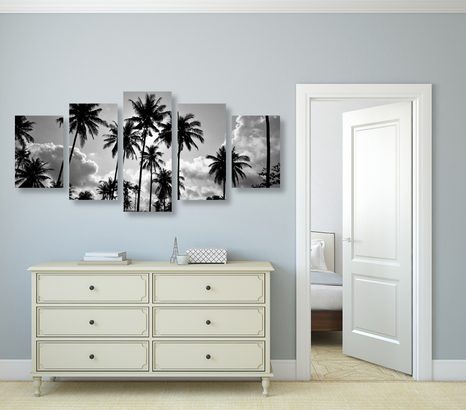 5 RÉSZES KÉP KÓKUSZ PÁLMAFÁK A TENGERPARTON FEKETE FEHÉRBEN - FEKETE-FEHÉR KÉPEK - KÉPEK