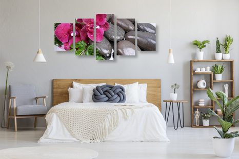5-DÍLNÝ OBRAZ KVETOUCÍ ORCHIDEJ A WELLNESS KAMENY - OBRAZY FENG SHUI - OBRAZY