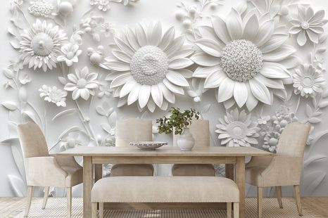 CARTA DA PARATI – FIORI BIANCHI 3D - CARTA DA PARATI CON FIORI - CARTA DA PARATI