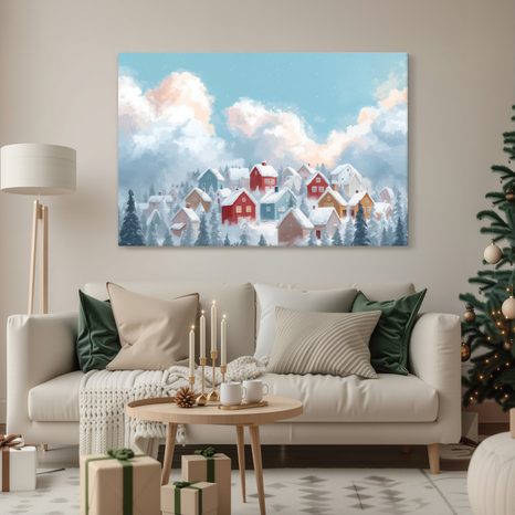 WANDBILD WEIHNACHTLICHE LANDSCHAFT MIT GEMÜTLICHEN HÄUSERN - WEIHNACHTS- UND WINTERBILDER - BILDER