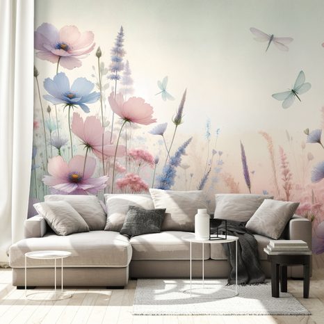 FOTOTAPETA PASTELOVÉ KVĚTY A VÁŽKY - TAPETY KVĚTINY - TAPETY