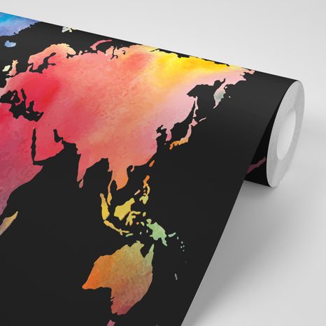 SELBSTKLEBENDE TAPETE AQUARELL-WELTKARTE AUF SCHWARZEM HINTERGRUND - SELBSTKLEBENDE TAPETEN - TAPETEN