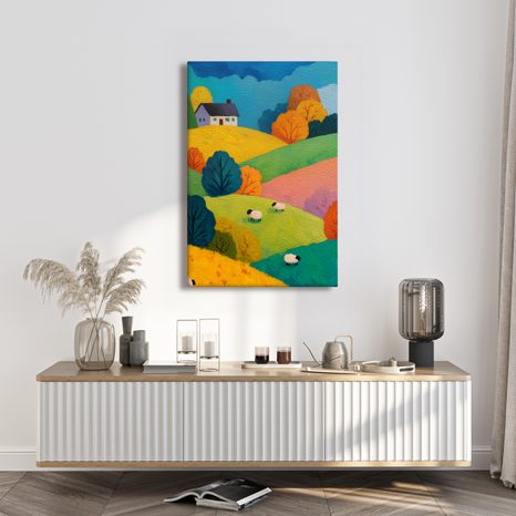 WANDBILD BUNTE HÜGEL MIT HAUS - WANDBILDER FELDER UND WIESEN - BILDER