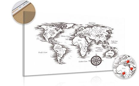 DECORATIVE PINBOARD WORLD MAP IN A BEAUTIFUL DESIGN - PICTURES ON CORK - PICTURES