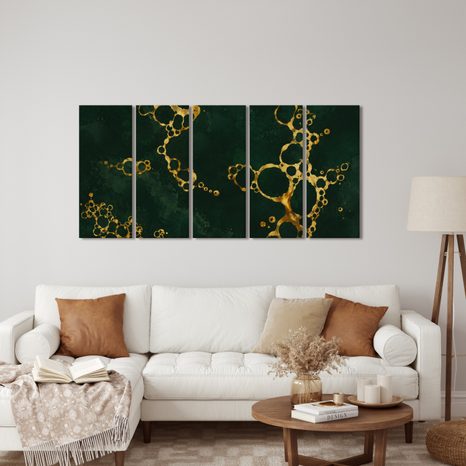 5-TEILIGES WANDBILD SMARAGDGRÜNE ABSTRAKTION MIT GOLD - WANDBILDER ABSTRAKTE FORMEN - BILDER