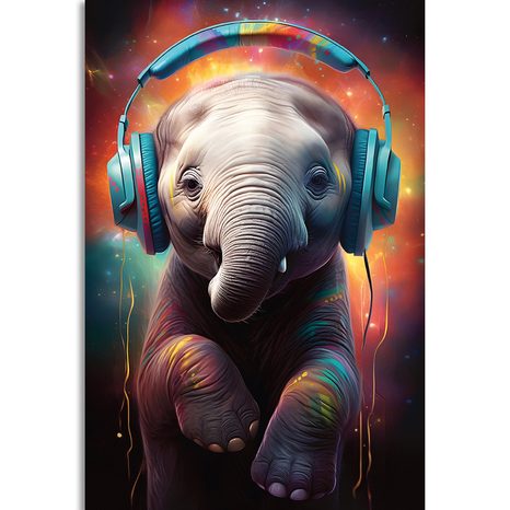 STAMPA SU TELA – ELEFANTE CON CUFFIE - QUADRI DI ANIMALI DA FESTA CON LE CUFFIE - STAMPE E QUADRI
