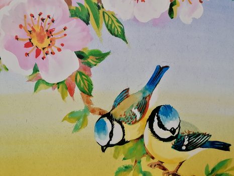 OBRAZ SÝKORKY A KVETOUCÍ KVĚTINY - VINTAGE A RETRO OBRAZY - OBRAZY