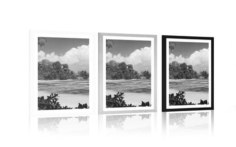 AFFICHE AVEC PASSE-PARTOUT – PLAGE MAGNIFIQUE SUR L'ÎLE DE LA DIGUE EN NOIR ET BLANC - NOIR ET BLANC - AFFICHES