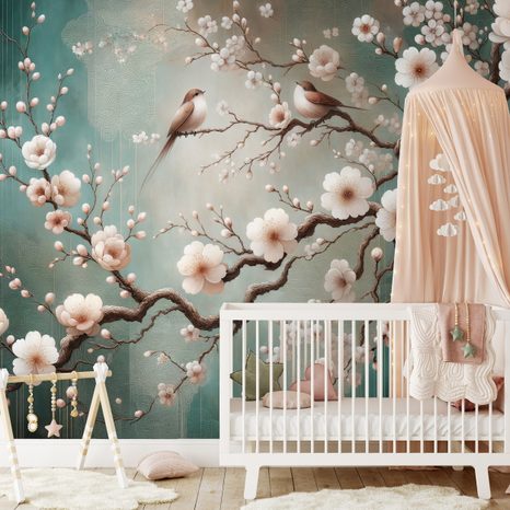SAMOLEPÍCÍ TAPETA JEMNÉ KVĚTY A PTÁČCI NA VĚTVÍCH - WALLPAPERS - 🔥 TOTAL SALE 🔥