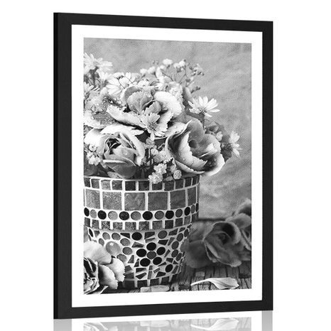 POSTER WITH MOUNT CARNATION FLOWERS IN A MOSAIC POT IN BLACK AND WHITE - BLACK AND WHITE - POSTERS
