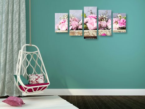 5-TEILIGES WANDBILD NELKENBLÜTEN IN EINER HOLZKISTE - VINTAGE- UND RETRO-BILDER - BILDER