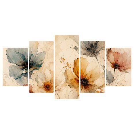 TABLEAU EN 5 PARTIES – FLEURS AQUARELLÉES AUX TONS DÉLICATS - TABLEAUX DE FLEURS - TABLEAUX
