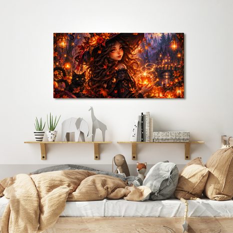 QUADRO SU TELA – STREGA AUTUNNALE E GATTO NERO - QUADRI HALLOWEEN E HORROR - STAMPE E QUADRI