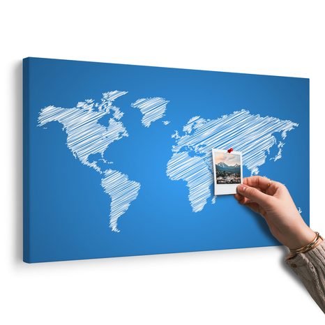 OBRAZ NA KORKU ŠRAFOVÁNA MAPA SVĚTA NA MODRÉM POZADÍ - OBRAZY NA KORKU - OBRAZY