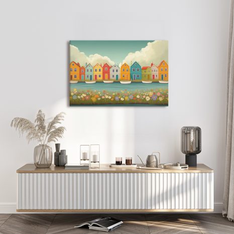 WANDBILD BUNTE HÄUSERREIHE AM FLUSS - BUNTE HÄUSER - BILDER