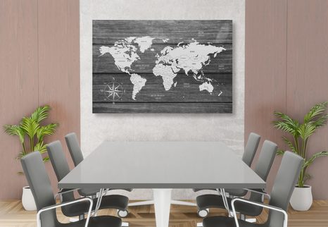 WANDBILD AUF KORK WELTKARTE MIT HÖLZERNEM HINTERGRUND - WANDBILDER AUF KORK - BILDER