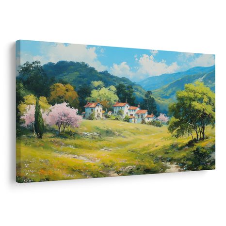 WANDBILD FRÜHLINGSLANDSCHAFT MIT DORF - BUNTE HÄUSER - BILDER
