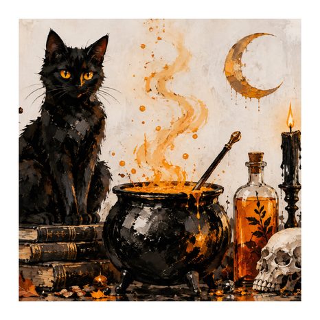 QUADRO SU TELA – GATTO MISTERIOSO ACCANTO AL CALDERONE - QUADRI HALLOWEEN E HORROR - STAMPE E QUADRI