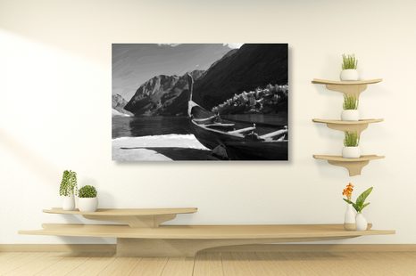 WANDBILD HÖLZERNES WIKINGERSCHIFF IN SCHWARZ-WEISS - SCHWARZ-WEISSE BILDER - BILDER
