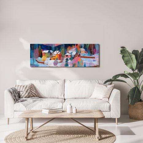 OBRAZ VÁNOČNÍ KRAJINA S CHALUPAMI - BAREVNÉ DOMY - OBRAZY