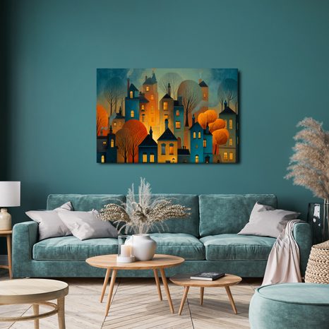 OBRAZ ZIMNÍ POHÁDKA NOČNÍHO MĚSTA - BAREVNÉ DOMY - OBRAZY