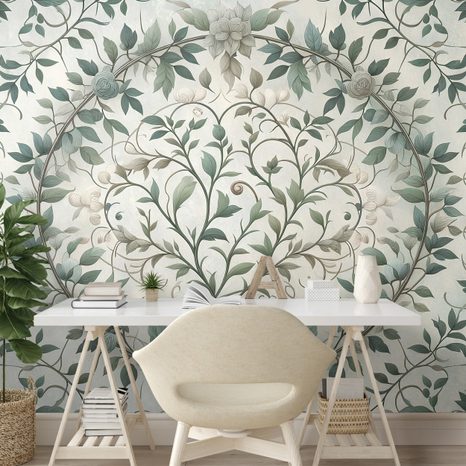 SAMOLEPÍCÍ TAPETA ELEGANTNÍ ZELENÉ LISTY S KVĚTY - VZOROVANÉ TAPETY - TAPETY