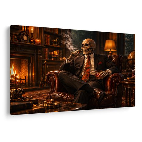 QUADRO SU TELA – SCHELETRO IN POLTRONA CON SIGARO - QUADRI HALLOWEEN E HORROR - STAMPE E QUADRI