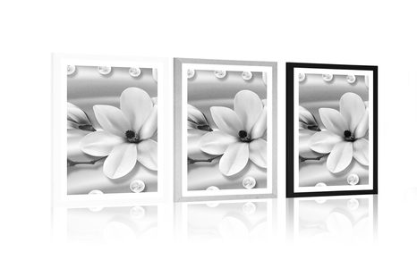 POSTER MIT PASSEPARTOUT LUXURIÖSE MAGNOLIE MIT PERLEN IN SCHWARZ-WEISS - SCHWARZ-WEISS - POSTER