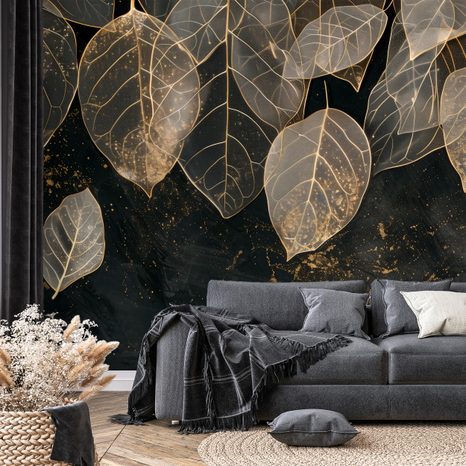TAPET FRUNZE AURII PE FUNDAL ÎNCHIS - TAPETE FRUNZE - TAPETURI