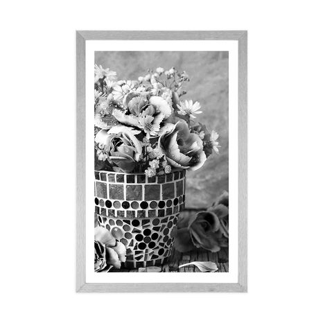 PLAKAT S PASPARTUJEM CVETOVI NAGLJA V LONČKU IZ MOZAIKA V ČRNOBELI VARIANTI - ČRNOBELI - PLAKATI