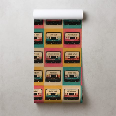 TAPETE RETRO-KASSETTEN IM VINTAGE-STIL - MUSIK FOTOTAPETEN - TAPETEN