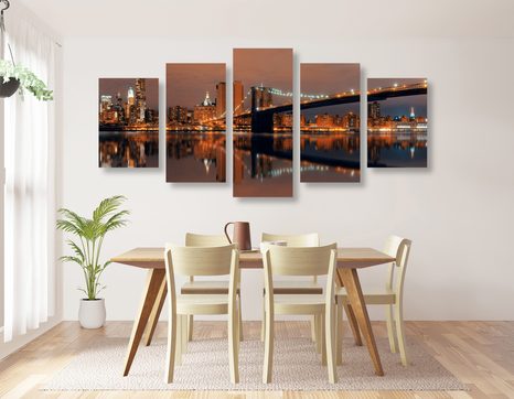 QUADRI 5 PEZZI – RIFLESSO DI MANHATTAN NELL'ACQUA - QUADRI CITTÀ - STAMPE E QUADRI