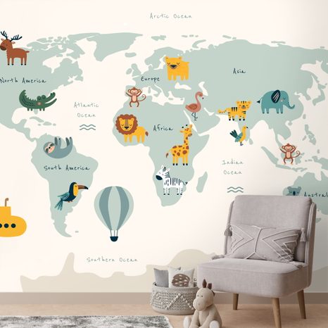 TAPETA VZDĚLÁVACÍ DĚTSKÁ MAPA SVĚTA SE ZVÍŘATY - DĚTSKÉ TAPETY - TAPETY