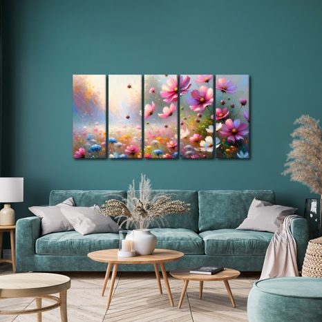 5-TEILIGES WANDBILD BLÜHENDE WIESE - WANDBILDER FELDER UND WIESEN - BILDER