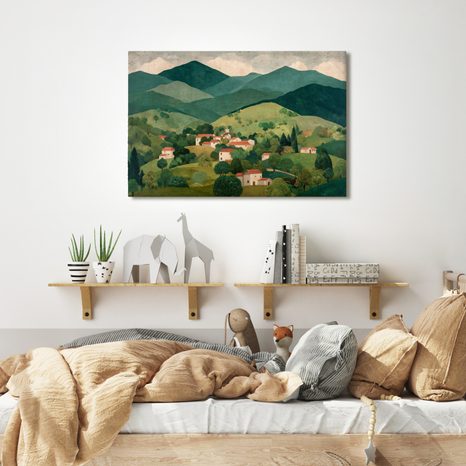 WANDBILD LÄNDLICHE LANDSCHAFT IM TAL - BUNTE HÄUSER - BILDER